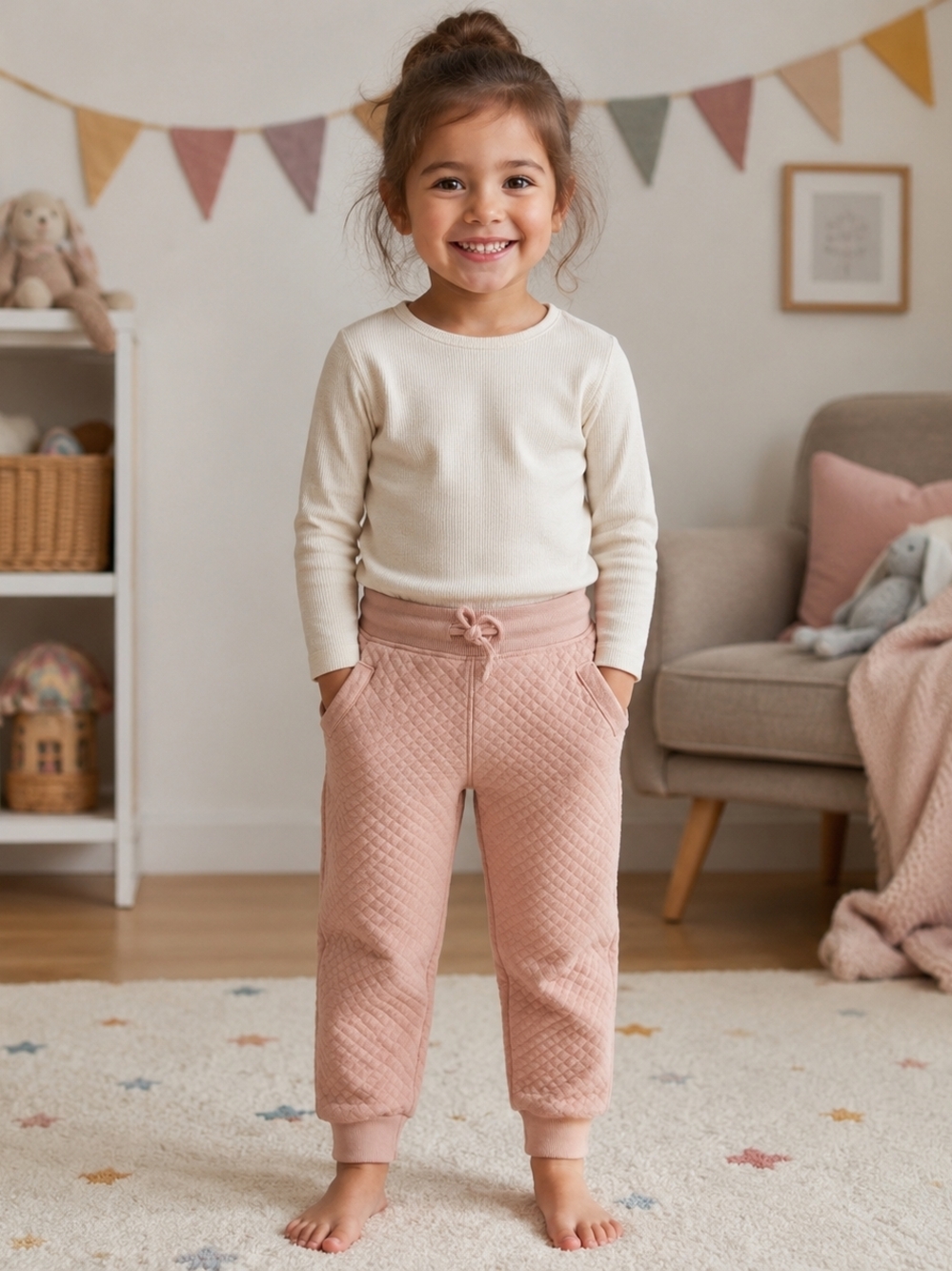 4/25 Mango Girls' Pink Quilted Jogger Pants